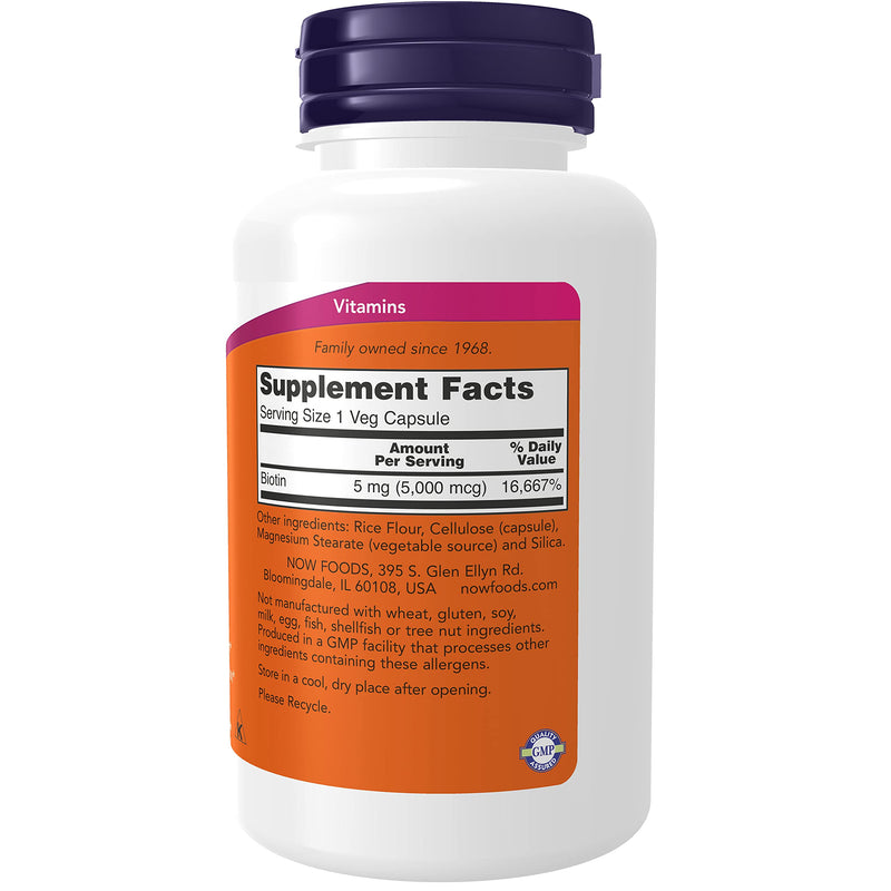 NOW Supplements, Biotin 5,000 mcg, Amino Acid Metabolism*, Energy Production*, 120 Veg Capsules (Pack of 2) 120 Count (Pack of 2)