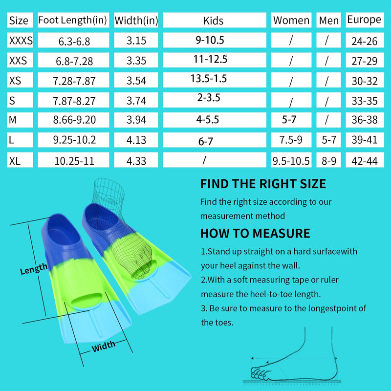 Kids Swim Fins,Short Comfortable Flippers for Lap Swimming and Training for Child,Girls,Boys,Beginners Blue&Acid Lime XS(US Kids 13.5-1.5)
