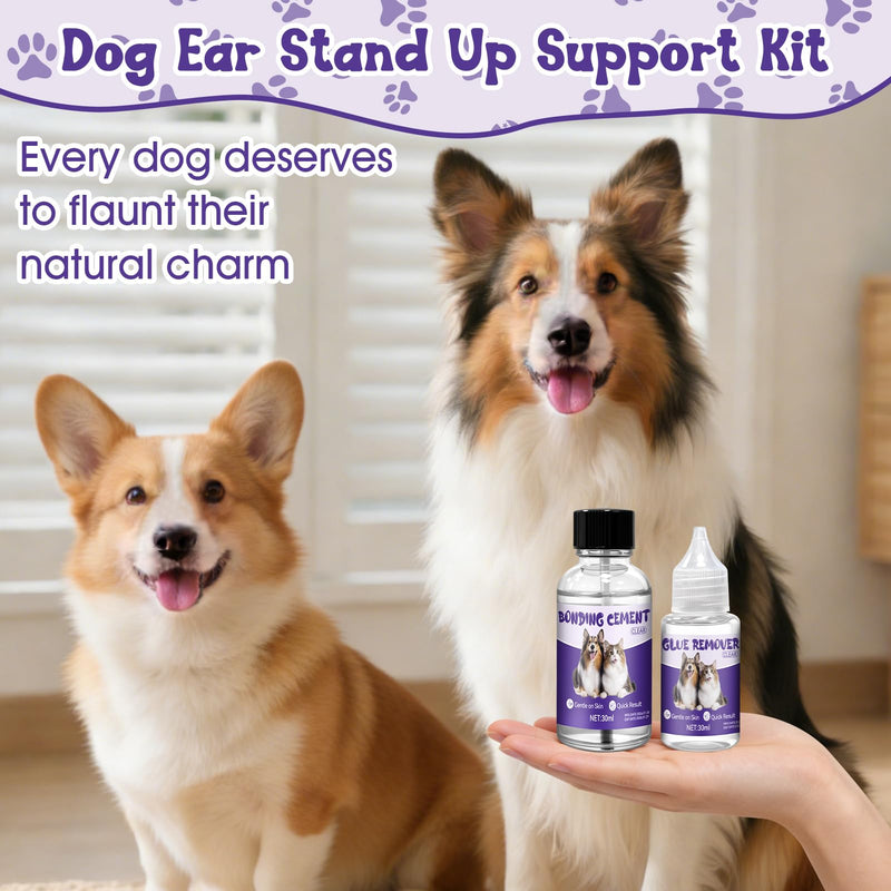 All-in-One Ear Posting Kit with Bonding Cement for Dogs, 4pcs Ear Tapes and 30ml Glue Remover for Doberman, Corgi, Yorkie Daily Care, Quick & Long-Lasting