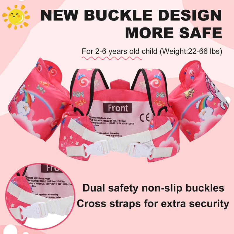 Toddler Swim Vest with Swimming Arm Floaties for 2-6 Years Old (22-66 lbs) Boys-Girls Kids Pool Floats Water Wings & Swim Jacket Niños Swimmies for Beach Boats Pink-Pony
