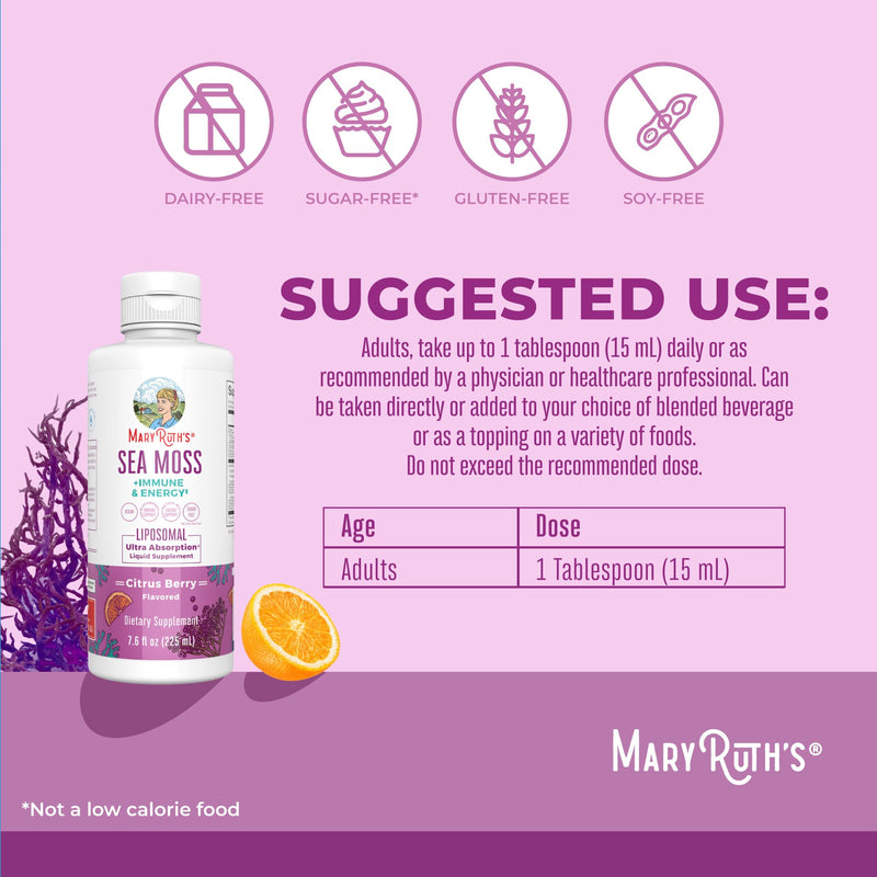 MARYRUTH'S Sea Moss + Immune & Energy Liposomal 140mg Irish Sea, 7.6 oz | 140mg Irish Sea Moss, Vitamin B12, Vitamin E, Elderberry, Rose Hip Oil, Orange Oil