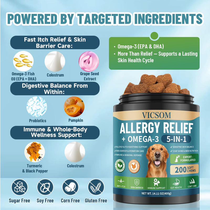 Advanced Dog Allergy Relief Bundle – Probiotic Allergy Chews (200) + Omega 3 Anti-Itch Chews (200), Dog Allergy Relief for Itchy Skin, Ears, Paws, Gut & Immune Support, Chicken Flavor