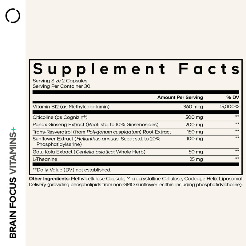 Codeage Brain Focus Vitamins+, Citicoline Cognizin, Ginseng, 60 Capsules | Liposomal citicoline as Cognizin, panax ginseng, resveratrol, gotu kola, vitamin B12 methylcobalamin. Vegan, non-GMO.