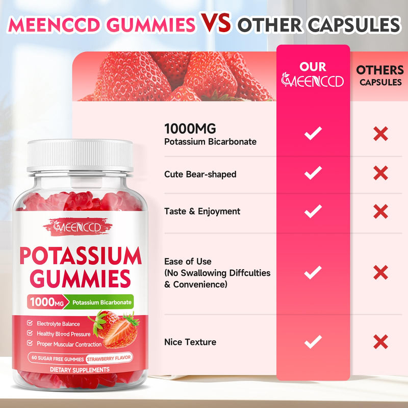 Potassium Gummies 1000mg, Potassium Bicarbonate Supplement for Adults & Kids, Potassium Supplement for Electrolyte Balance & Muscle Heath, Sugar-Free, Strawberry Flavor, 60 Count 60 Count (Pack of 1) - BeesActive Australia
