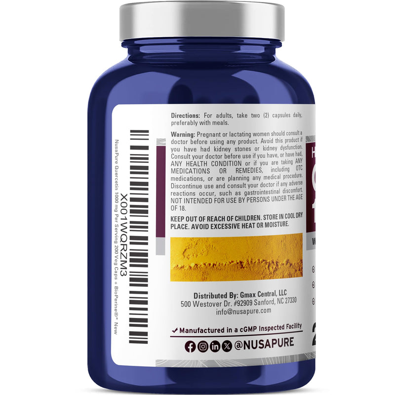 NusaPure Quercetin, Non-GMO, Vegan, 1000mg, 200 Veg Capsules - 100 Servings | Plant Based Formula, Sophora Japonica & BioPerine, Suitable for Adults, Manufactured in cGMP Registered Facility USA