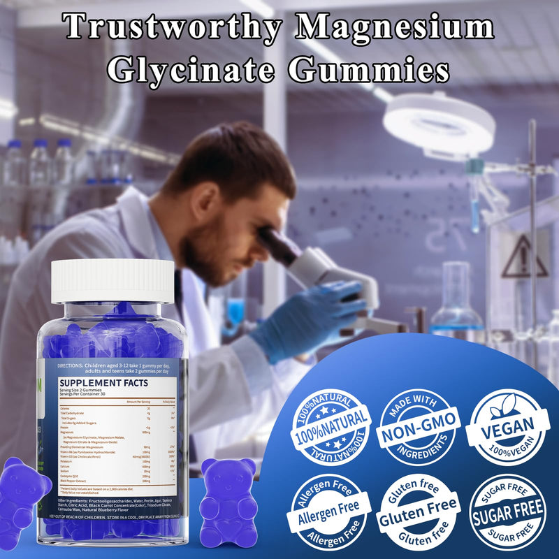 Magnesium Glycinate Gummies, Sugar Free Magnesium Supplement with Magnesium Malate, Calcium, Vitamin D3, B6, CoQ10 for Calm Support & Sleep for Adults Kids Blueberry 60 Count (Pack of 1)
