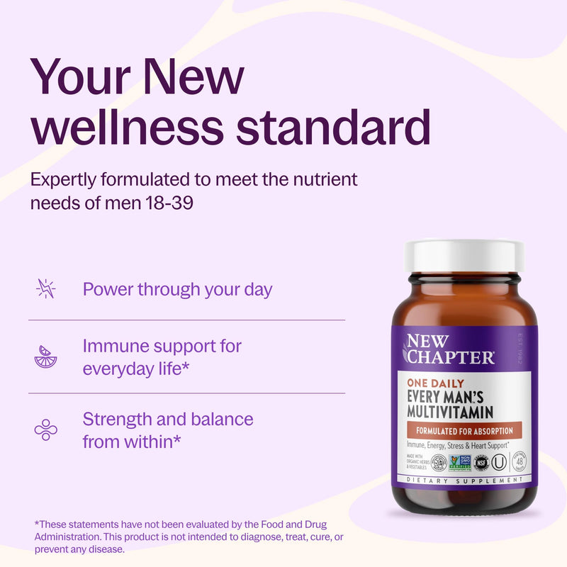 New Chapter Men's One Daily Multivitamin, 48 Tablets | With B6, Extra B12, D3, Vitamin C, and Zinc for Immune, Heart, Cellular Energy, and Brain Health, Non-GMO and Gluten Free 48 Count (Pack of 1)