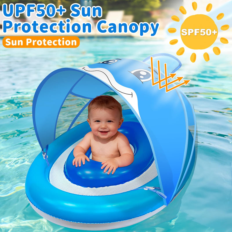 Dolphin Baby Float with Canopy for Age 6-36 Months UPF 50+ Sun Protection Never Flip Over Dual Air Chambers Adjustable Safety Seat 4 Stage Adjustable Canopy Inflatable Swim Pool Float Toddler Infant blue