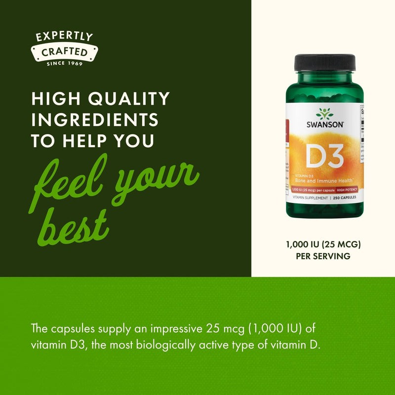 Swanson Vitamin D3 1000 IU - 250 Softgels - Bone Health, Immune Support, and Muscle Function Supplement | Bone Health, Immune Support and Muscle Function Supplement for Strong Bones and Healthy Calcium Absorption 250 Count (Pack of 1)