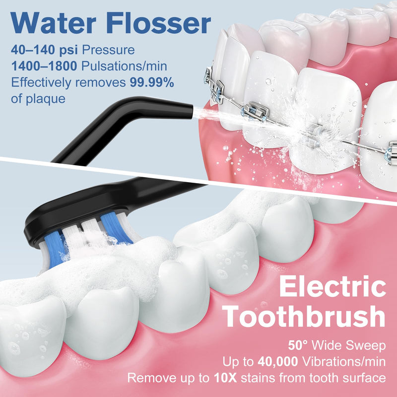 Leominor 3-in-1 Water Flosser & Electric Toothbrush Combo – Cordless Oral Irrigator with 235ml Large Tank,5 Modes, IPX7 Waterproof,Freshening Strips,for Teeth,Gums,Braces,Home & Travel,Black Black