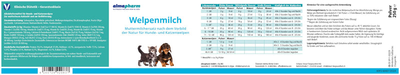 almapharm puppy milk | 250g | Breast milk substitute for dogs and kittens | Following the example of nature | For motherless rearing and supplementary feeding | Selected ingredients - BeesActive Australia