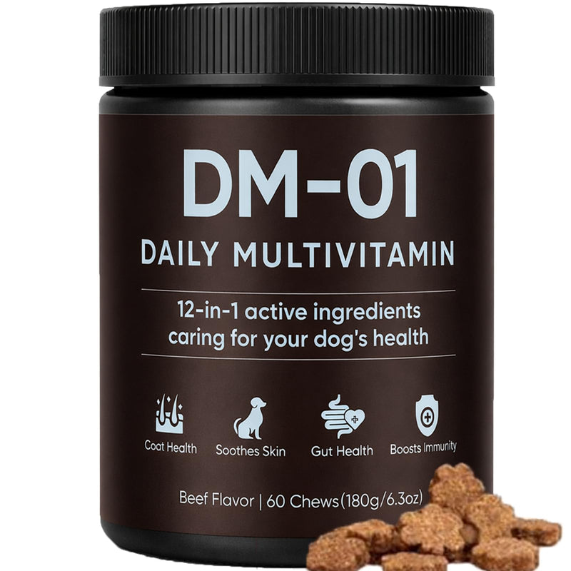 DM-01 Daily Multivitamin for Dogs, Multivitamin Itch Relief Chews Contain Glucosamine Probiotics Salmon Oil for Skin Coat, Gut & Immune Supports, 60 Chews (1) 1