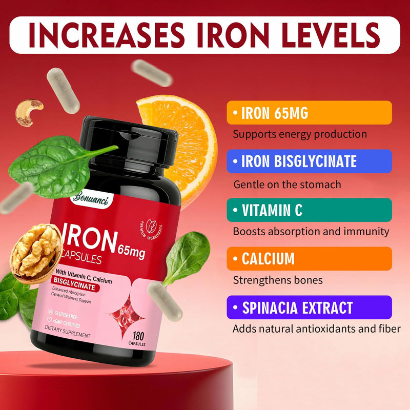 Iron Supplement - Iron 65mg High Absorption Iron Bisglycinate with Vitamin C, Calcium, Gentle Iron Pills for Women Men - Non GMO & Gluten Free, Stomach Friendly, 180 Capsules 180 Count (Pack of 1)
