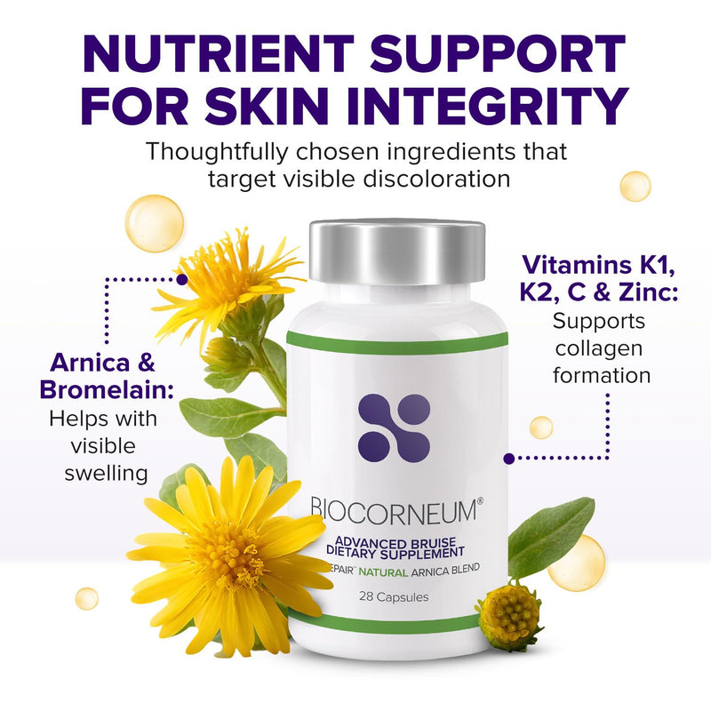 BIOCORNEUM Bruise Supplement with Arnica, Bromelain & Zinc, 28 Capsules | Advanced Bruise Remedy, Internal Support for Visible Recovery, Vitamin K1, K2, C, Bromelain for Bruising and Swelling
