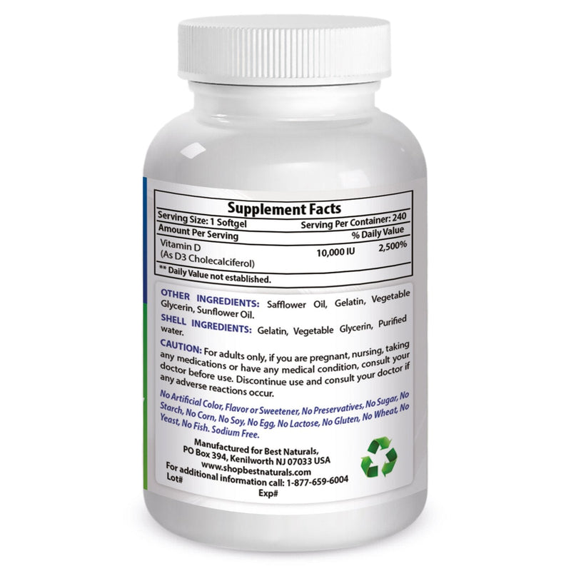 Best Naturals Vitamin D3 10000 IU Softgel, 240 Count
