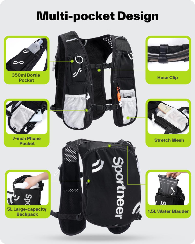 Sportneer Hydration Backpack: Running Vest with Reflective Strips -Lightweight Hydration Vest Backpack for Running Hiking Biking Cycling for Women Men Hydration Backpack with Water Bladder