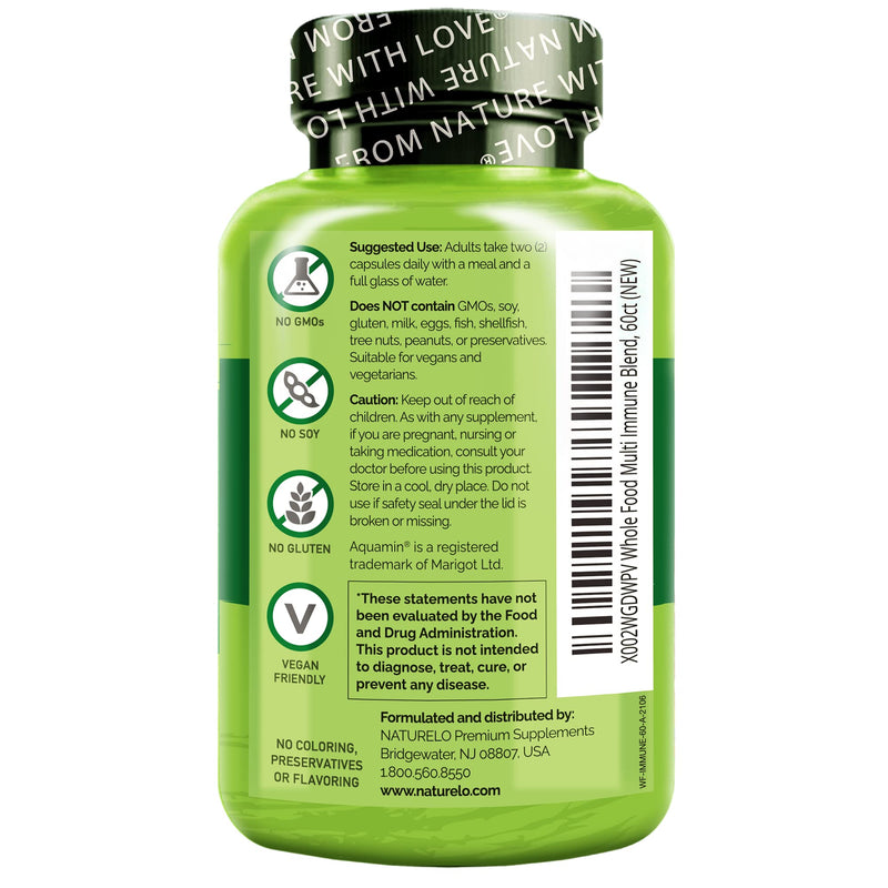 NATURELO Whole Food Multivitamin + Immune Blend with Elderberry & Mushrooms - Complete Multivitamin with Extra Immune Support - C, D3, Zinc, Elderberry, Reishi, Shitake - 60 Vegan Capsules 60 Count (Pack of 1)