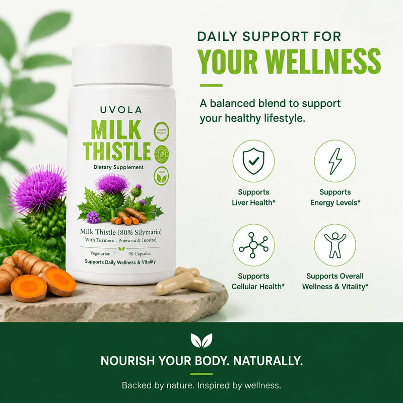 Uvola Milk Thistle Supplement, 80% Silymarin Liver Support Formula, Inositol, Vitamin C, Turmeric, Wormwood, Clove, Dandelion, 8-Ingredient Blend, Gut Health,90 Capsules