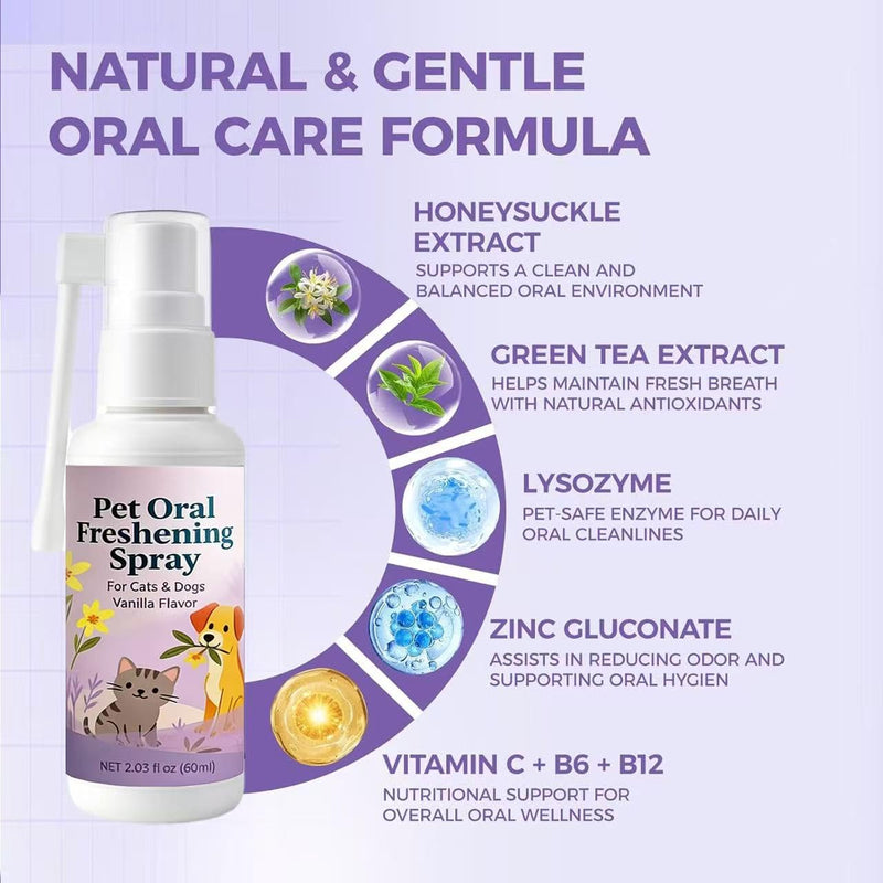 Pet Oral Care Spray, Vanilla Flavor, Natural Breath Freshener for Dogs & Cats, Gentle Formula for Bad Breath, Teeth & Gum Support, No Brushing Needed, Safe Daily Pet Hygiene