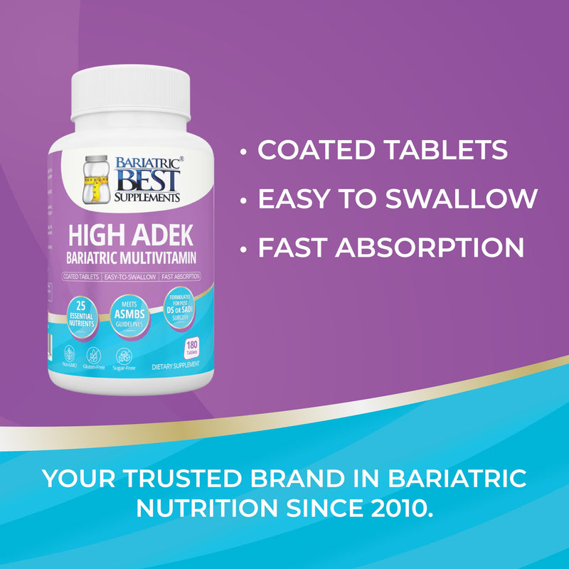 High ADEK Bariatric Multivitamin | DS, SADI & BPD/DS Surgery | Fat-Soluble Vitamins A D E K | 25 Essential Nutrients | ASMBS Compliant | Made in USA | 180 Tablets — 3 Month Supply