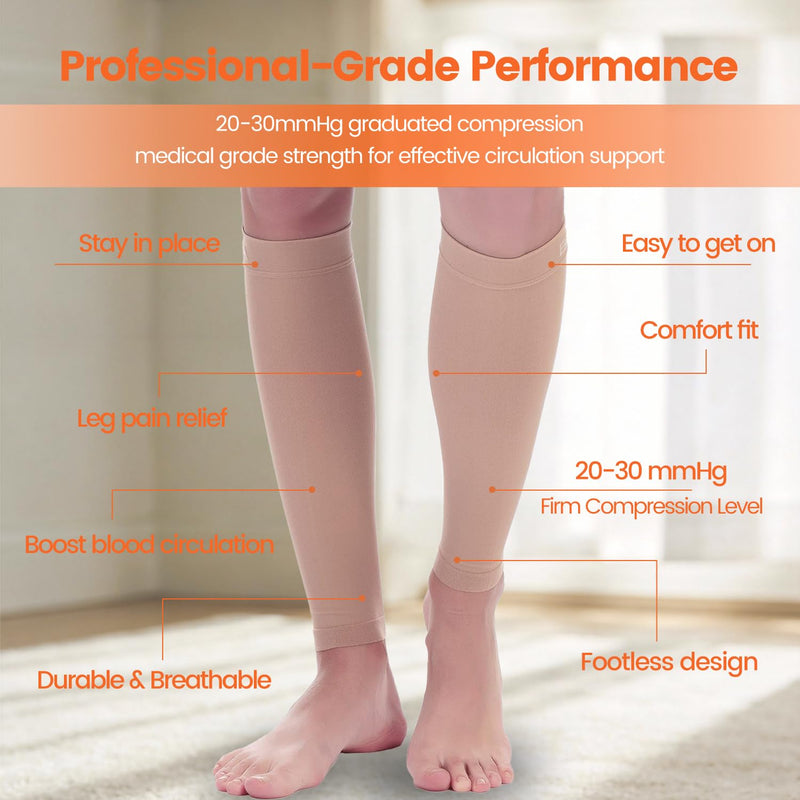 BSERA Calf Compression Sleeve Women, 2 Pairs 20-30mmHg Footless Compression Socks for Swelling Shin Splints Varicose Veins Beige Medium