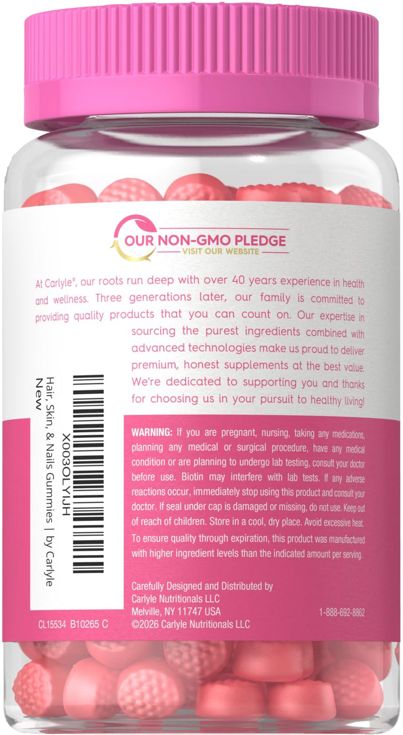 Carlyle Hair Skin and Nails with Biotin 2500mcg | 75 Gummies | Beauty Formula with Vitamin C & E | Raspberry Flavor | Non-GMO, Gluten Free Supplement