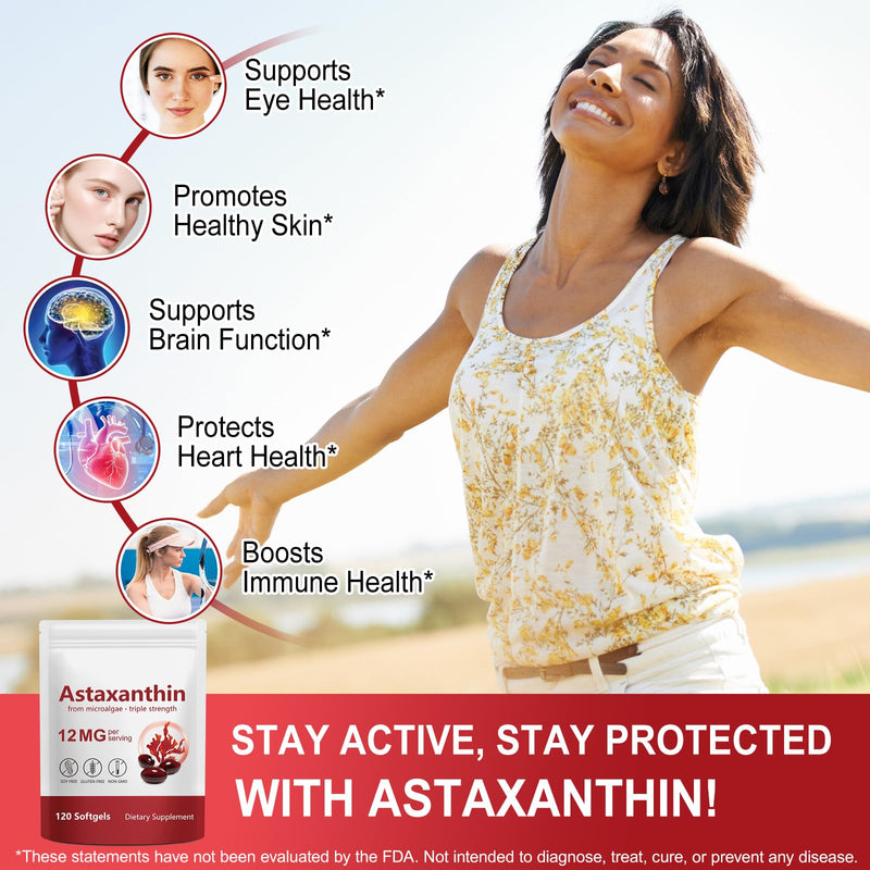 Astaxanthin 12mg Premium Astaxanthin Antioxidant Supplements Triple Strength Skin Vitamins for Women with Antioxidant Activity Supports Eye, Joint, Internal Circulation, Skin Health (120PCS) 120 Count (Pack of 1)