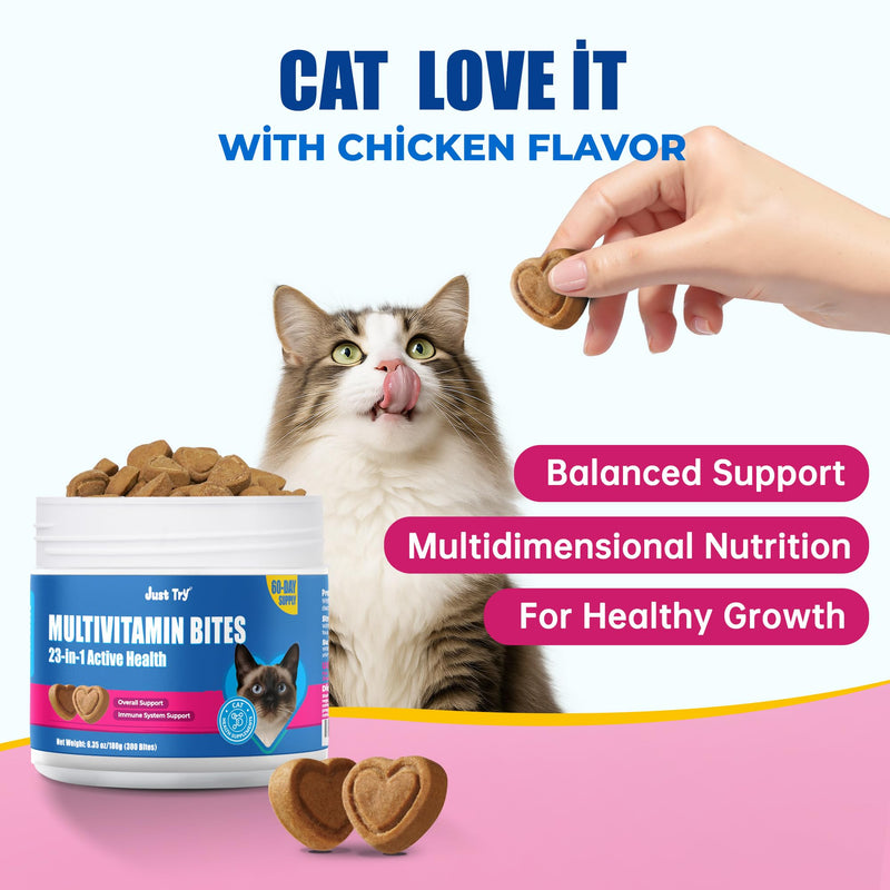 Just Try 23 in 1 Taurine for Cats Vitamins Treats with L-Lysine for Immune, Joint Support Skin & Coat & Heart Health - Multivitamin, Omega 3, Biotin Supplements for Indoor & Senior Cat - 300 Bites