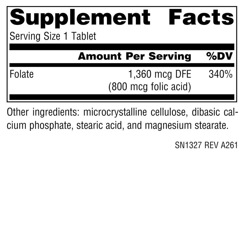 Source Naturals Folic Acid, 800 mcg - 200 Vegetarian Tablets | Non-GMO validated | Supports Cellular Health* 1