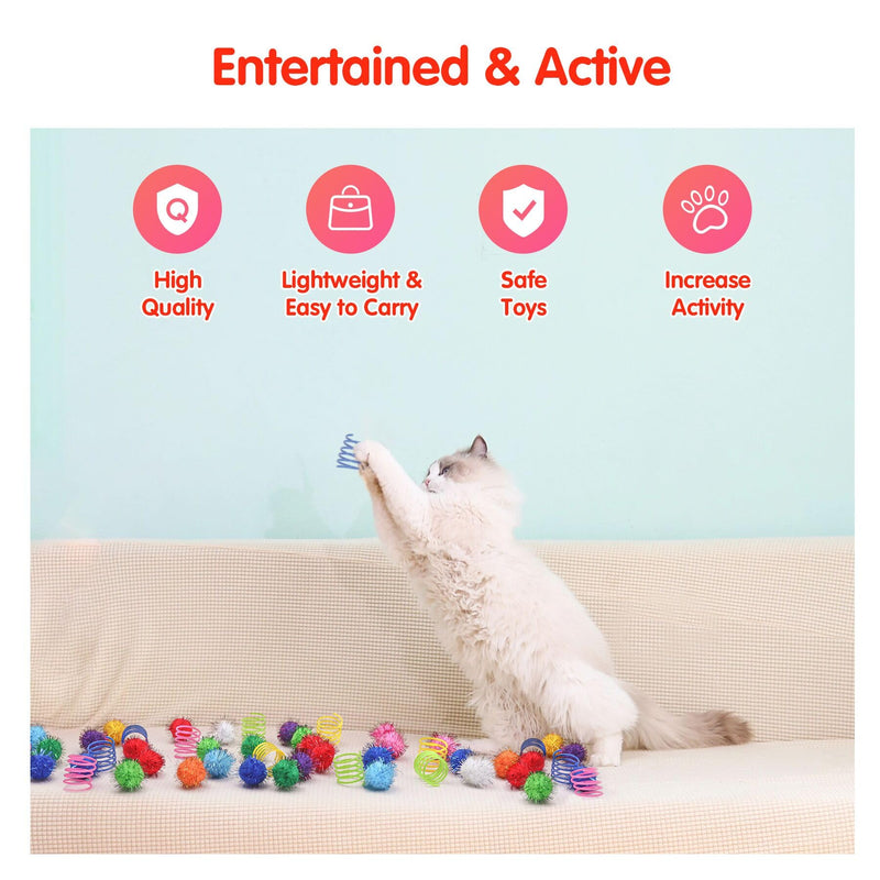 SEVENKA Cat Toys 30 Pcs Color Flash Balls and 36 Spring Toys, 1.1in Small Soft Cat Toy Ball Tinsel Pom Poms, Kitten Toys, Plastic Spiral Springs for Cat Swatting, Biting, Hunting, Active Healthy Play 30 Flash Balls & 36 Springs - BeesActive Australia