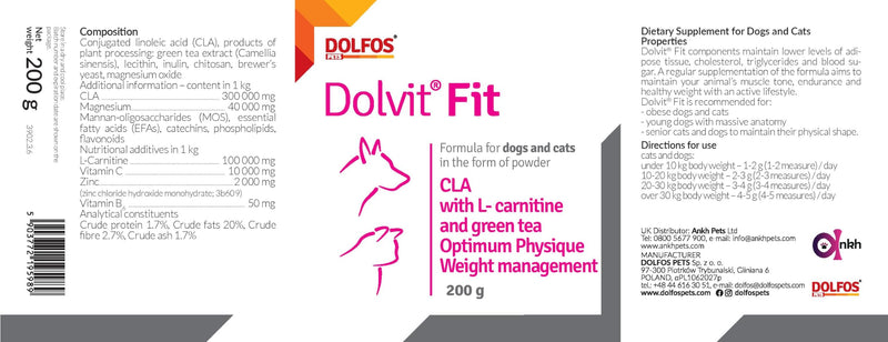 Dolvit Fit 200g Cats Dogs CLA Green Tea Extract L-Carnitine and Vitamins