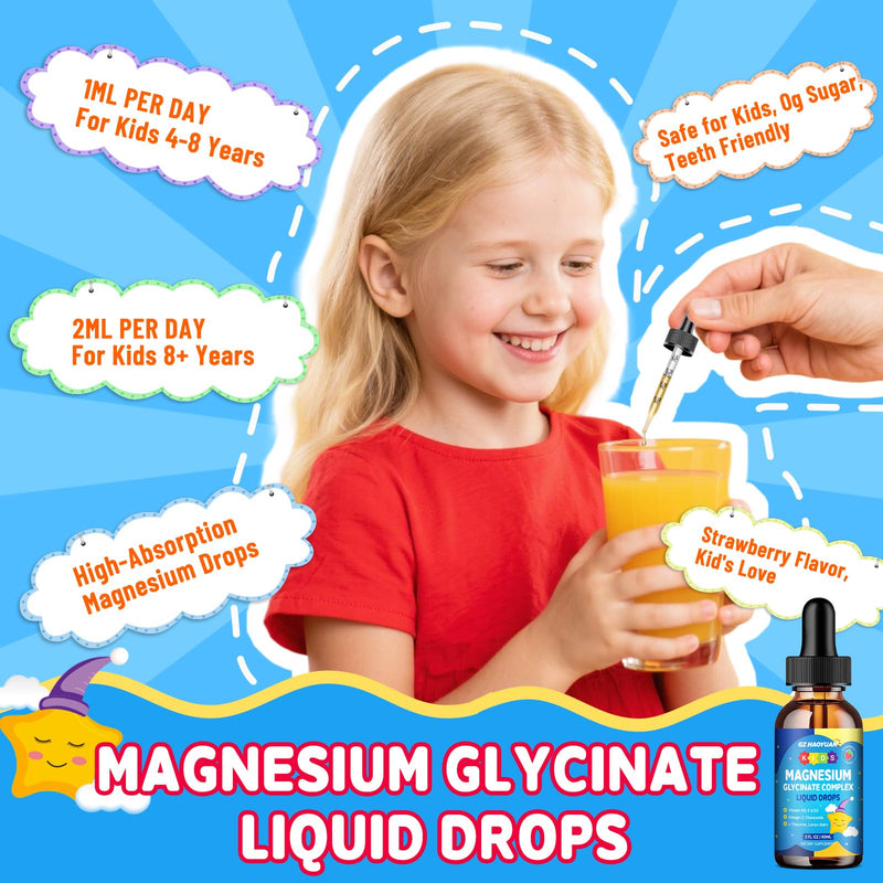 Kids Magnesium Glycinate Liquid Drops‌ – with L-Theanine, Omega-3, Vitamins B6 & D3, Zinc & Calcium – for Sleep Support, Relaxation, Focus & Brain, Bones – Strawberry Flavor, 4 Fl Oz 2 Fl Oz (Pack of 2)