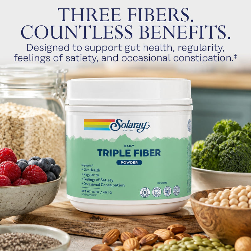 SOLARAY Triple Fiber Powder - Daily Fiber Supplement for Women and Men w/Prebiotics - Gut Health, Occasional Constipation, Digestive Health Support, Unflavored, Vegan, Gluten Free, 30 Servings, 14oz