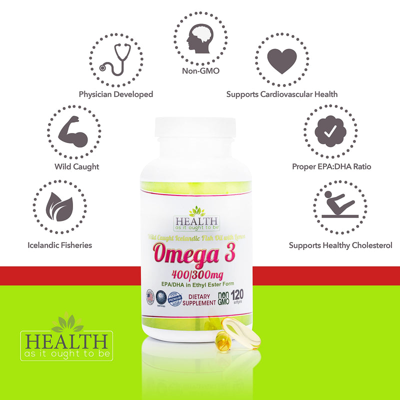 Health As It Ought To Be Omega 3 EPA DHA 400/300mg | 120 Capsules | EPA and DHA from wild-caught cold-water fish oil support heart, brain & cellular wellness with a light natural lemon flavor