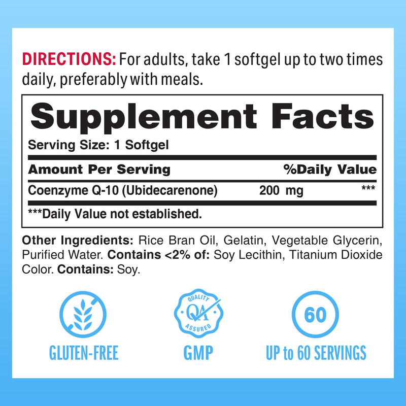 Vitamin World CoQ10 200 mg Softgels, 60 Rapid Release Softgels | Coenzyme Q10 Supplements for Antioxidant Support, Heart Health & Energy Production, Gluten Free 60 Count (Pack of 1)