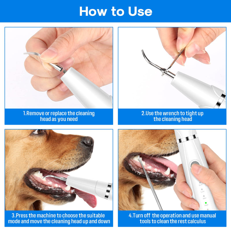 Dog Teeth Cleaning Kit, 5-Mode LED Ultrasonic Tooth Cleaner for Dogs & Cats – Plaque & Tartar Remover, 32-40kHz Pet Dental Care with Toothbrush(White) White