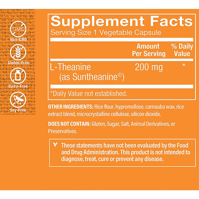 The Vitamin Shoppe Brand L-Theanine 200 MG, 120 Vegetable Capsules | Includes Suntheanine, Promotes Relaxation, Calm and Focus Support for Men and Women, Gluten Free, Vegetarian 120 Count (Pack of 1)