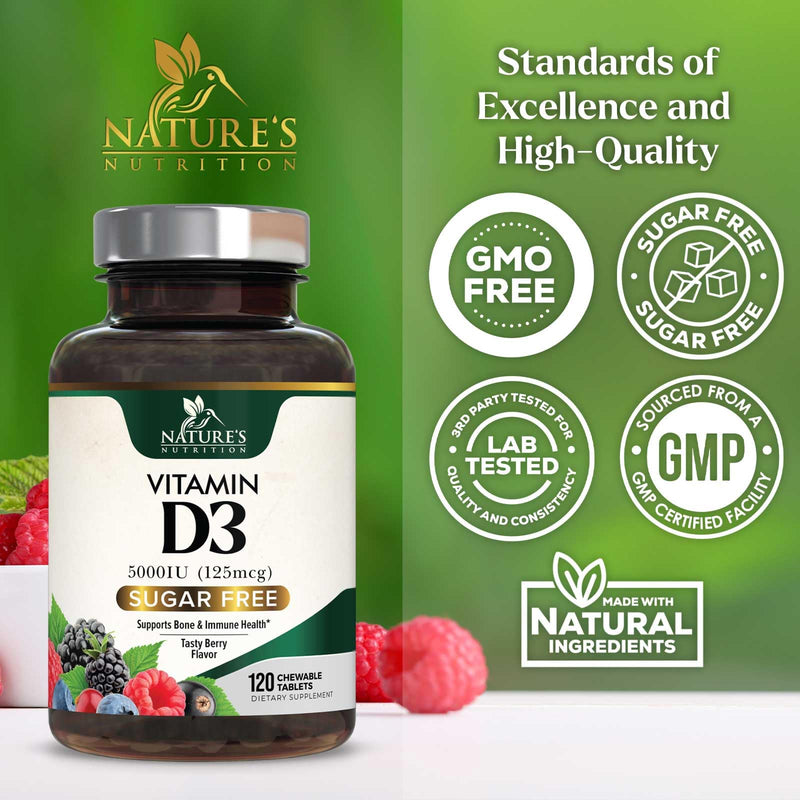 Vitamin D3 5000 IU (125 mcg) Per Serving - Extra Strength Vitamin D Chewable for Immune Support Health - Bone, Teeth and Muscle Supplements - Sugar Free, Gluten Free, USA Bottled - 120 Count Tablets 120 Count (Pack of 1)