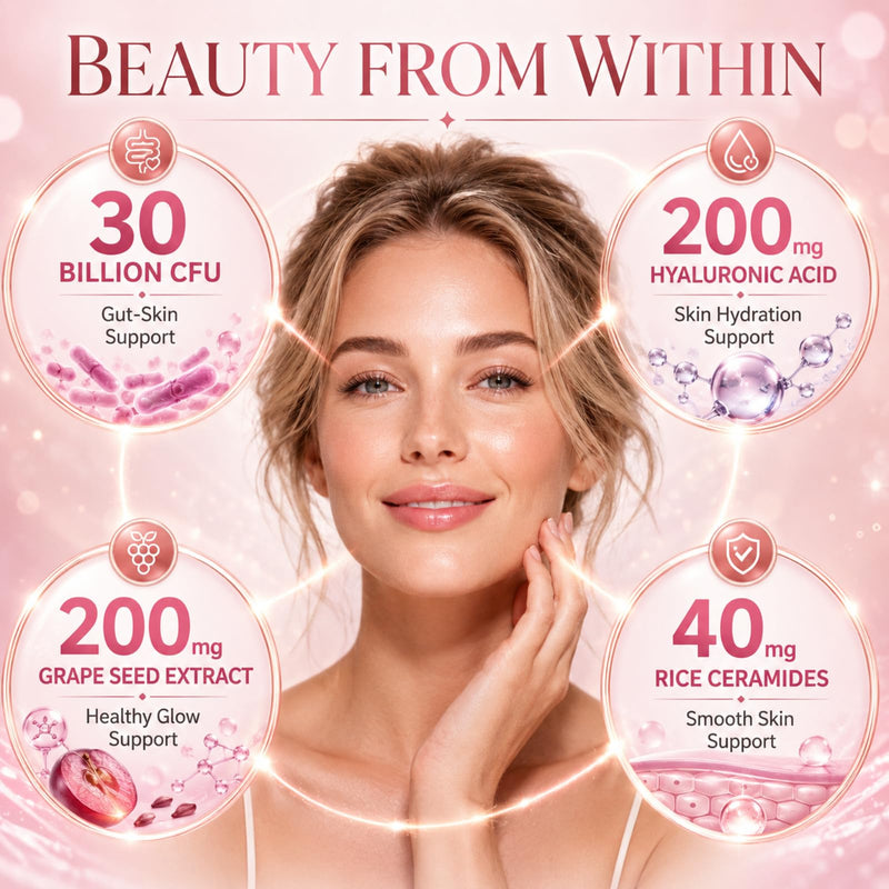Probiotics for Women, 30 Billion CFU with Prebiotic Inulin, 60 Capsules | Probiotic Prebiotic Blend with Hyaluronic Acid, Rice Ceramides & Grape Seed Extract for Gut-Skin, Hydration & Barrier Support