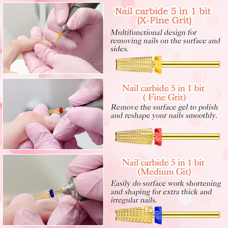 Honoson 3 Pcs Carbide Nail Drill Bits 5-in-1 Fast Gel & Acrylic Removal, Two-way Rotate for Left & Right Handed Xf, F, M, 3/32 Inch Professional Manicure Tool(Gold) Gold - BeesActive Australia