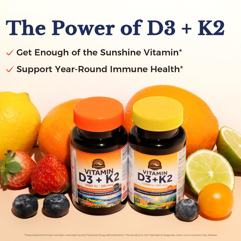 Vitalitown Vitamin D3 K2 Supplement, D3 5000 IU, Vitamin K2 MK-7 100 mcg, Non-GMO, No Gluten & Soy, for Bone, Teeth, Immune & Heart Health, 120 Softgels