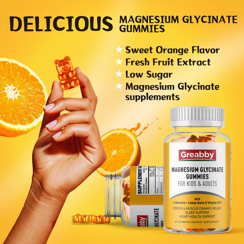 Magnesium Glycinate Gummies for Kids & Adults, 60 Count | Magnesium Glycinate 300mg per Serving, Supplement with L-Theanine, Lemon Balm & Vitamin B12 1