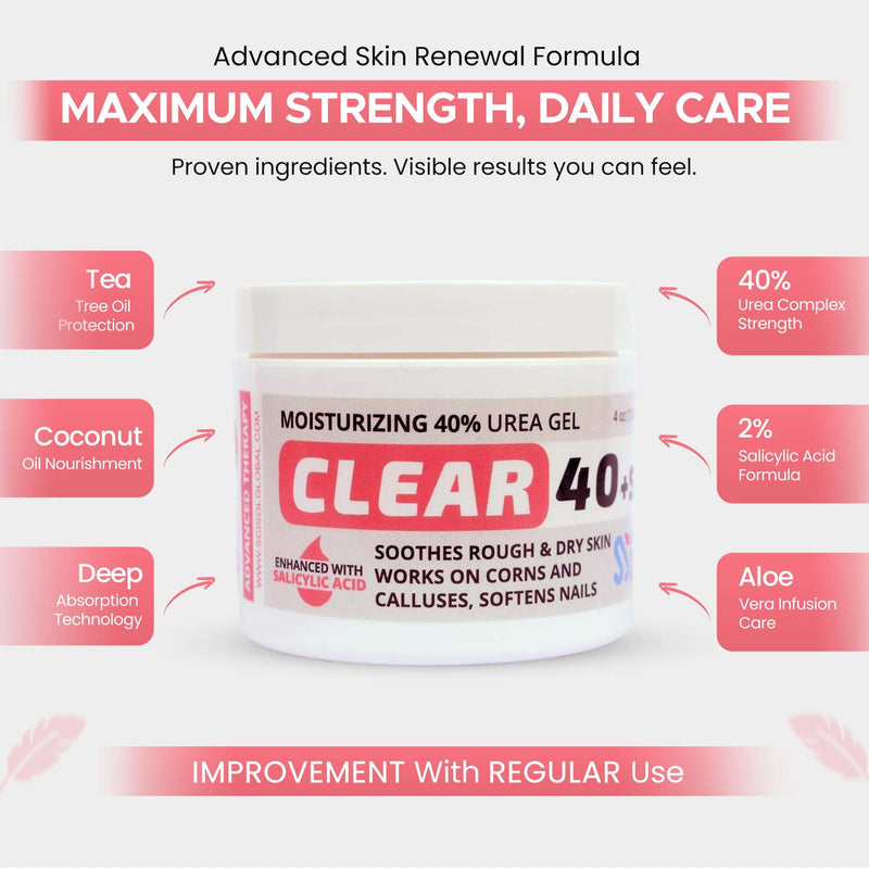CLEAR Urea Cream 40 Percent Plus 2% Salicylic Acid (4oz) Made in USA | Urea Foot & Hand Cream Softens Cracked Heels & Dry Skin with Tea Tree & Coconut Oil - Callus & Corn Treatment 40% Urea & 2% Salicylic Acid | Tea Tree Oil & Coconut 4 Fl Oz (Pack of 1) - BeesActive Australia