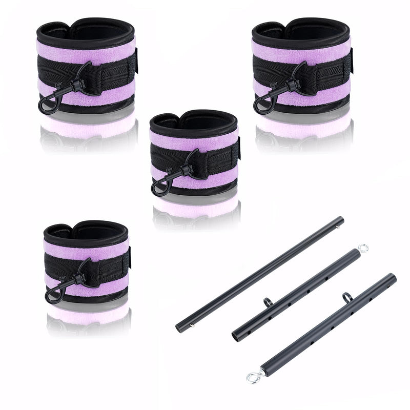Spreader Bar Heavy Duty Stainless Steel Expandable Home Gym with 4pcs Furry Purple Adjustable Strap,Sports Aid Training Fitness Gear Pilates Aid Kit,Indoor Yoga Set Black+Purple Furry Kit