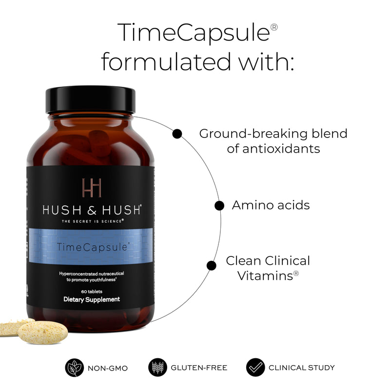 Hush & Hush TimeCapsule Healthy Aging Supplement with Collagen | Beauty multivitamin with marine collagen, hyaluronic acid, vitamin C & B12 to support skin glow and daily energy; 60 tablets
