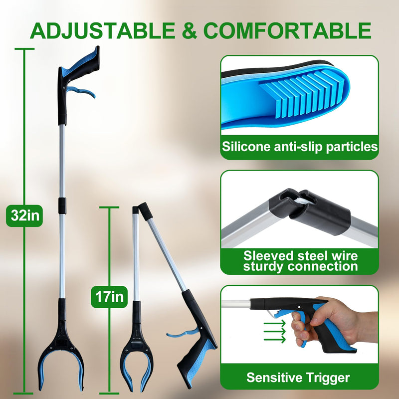 2-Pack Reacher Grabber Set: 32" Foldable Long Reach with Magnetic Tip & 12" Fixed Short Tool | 360° Rotating Non-Slip Jaw | Heavy Duty Pickup Sticks for Seniors, Garden & Small Items (Blue/Black) 32"blue+12"black - 2pack