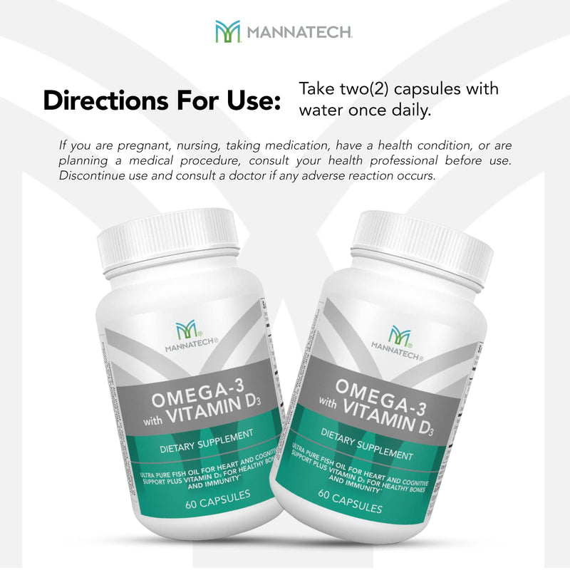 Mannatech - Omega-3 with Vitamin D3 - Softgels | Contains Pure Fish Oil, Omega-3 Fatty Acids, Vitamin D3, Supports Bone, Heart and Cognitive Health, Easy-to-Take Softgels