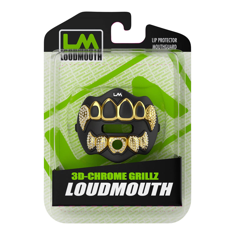 Loudmouth Football Mouth Guard - 3D Chrome Grillz Football Mouthpiece, Fits Adult & Youth, Mouth Guard Accessories (3D Grillz Bling - Chrome Black/Gold) 3d Grillz Bling - Chrome Black/Gold