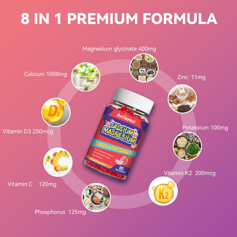 Calcium Magnesium Gummies1000MG, Calcium Magnesium Zinc Gummies with Vitamin D3 - High Absorption Complex Calcium Supplement, Vegan, 60 Counts 60 Count (Pack of 1)
