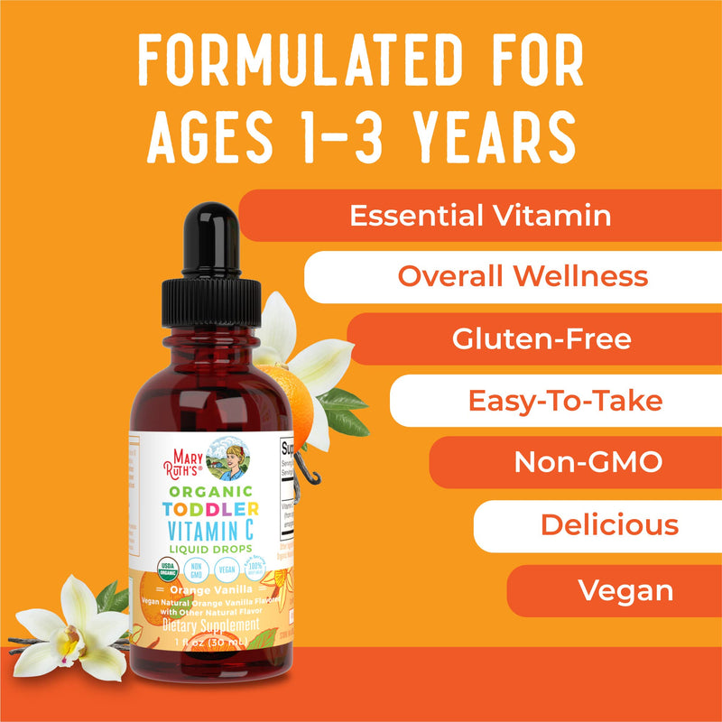 MaryRuth Organics Toddler Vitamin C Drops | USDA Organic Vitamin C Liquid Drops for Toddler | Ages 1-3 Years | Vitamin for Immune Support & Overall Health | Vegan | Non-GMO | Gluten Free | 30 Servings Orange Vanilla 1 Fl Oz (Pack of 1) - BeesActive Australia